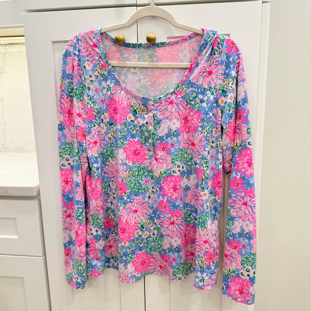 Lilly Pulitzer PJ Pajama Long Sleeve Henley Top Soirée All Day Floral Size Large